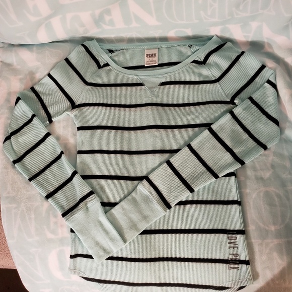 PINK Victoria's Secret Tops - VS PINK Love Pink Mint Green&Black Stripe Shirt